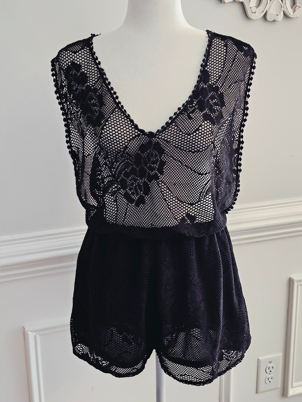 Dejavu Sheer Crochet Floral Lace Romper Deep V Neck Swim Cover - Black - Medium